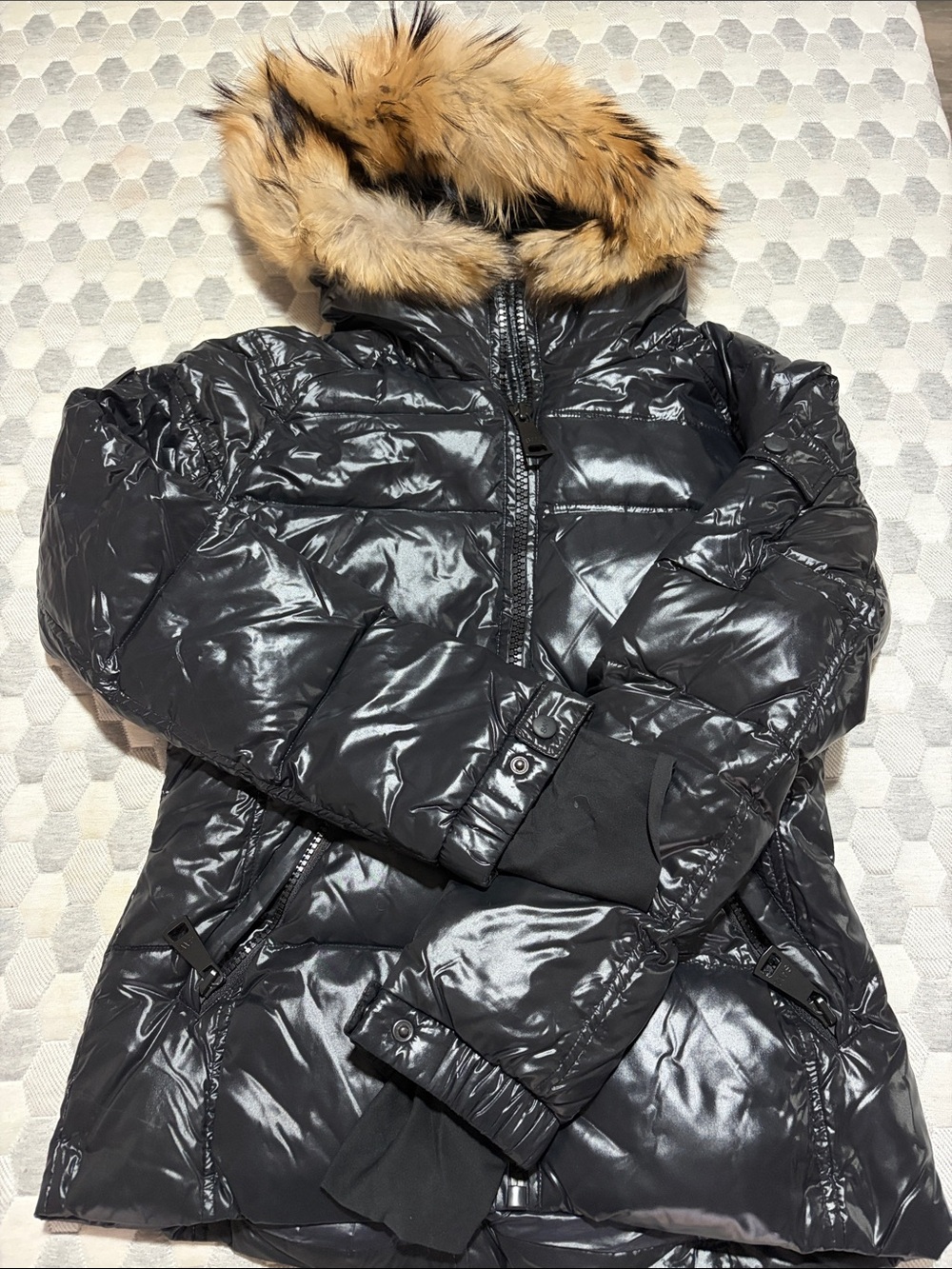 SAM. New York Black Shiny Quilted goose down Puffer Coat with real Fur Hood